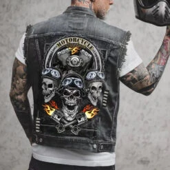Alr™ Men's Denim Biker Motorcycle Vest, Three Skull