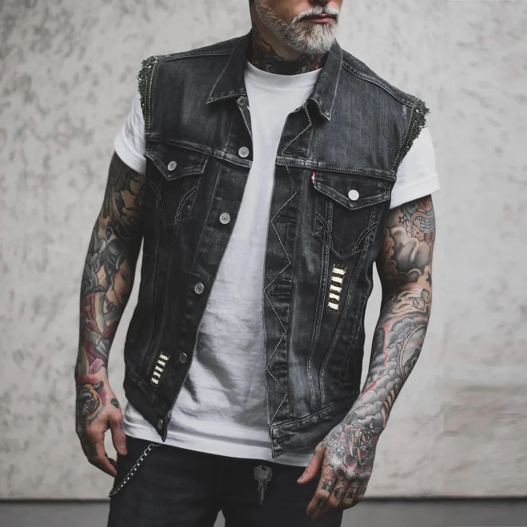 Alr™ Men's Denim Biker Motorcycle Vest, Law & Order 2 Alr™ Men's Denim Biker Motorcycle Vest, Law & Order - Image 2