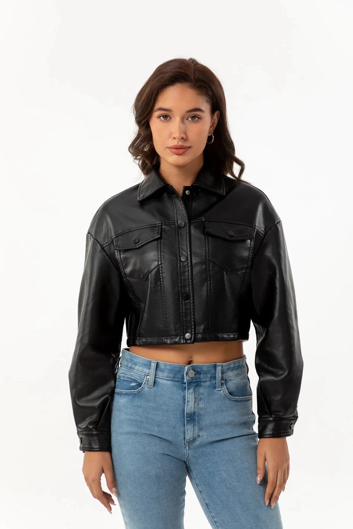 Alr™ Women's Short Leather Biker Jacket With Lapel And Two Pockets 5 Alr™ Women's Short Leather Biker Jacket With Lapel And Two Pockets - Image 5