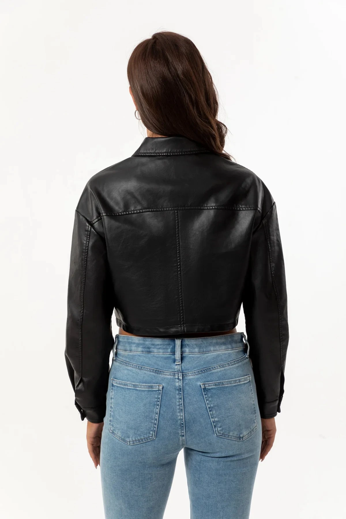 Alr™ Women's Short Leather Biker Jacket With Lapel And Two Pockets 11 Alr™ Women's Short Leather Biker Jacket With Lapel And Two Pockets - Image 11