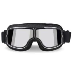 Vintage Aviator Motorcycle Goggles W/ Adjustable Strap, One Size, Black ABS Frame, Silver Lens