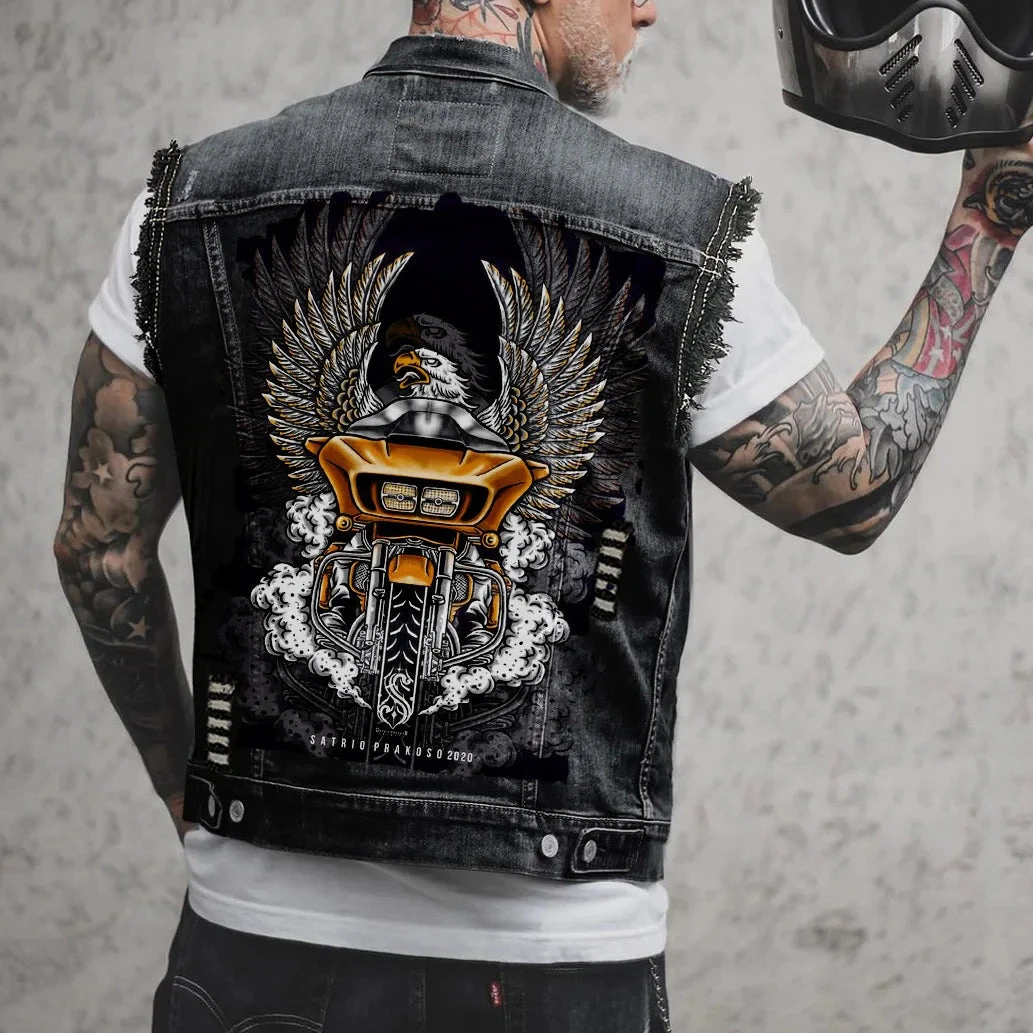 Alr™ Men's Denim Biker Motorcycle Vest, Eagles 2 Alr™ Men's Denim Biker Motorcycle Vest, Eagles - Image 2
