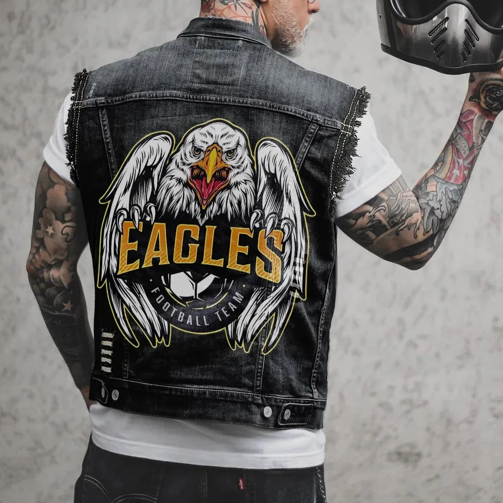 Alr™ Men's Denim Biker Motorcycle Vest, Eagles 1 Alr™ Men's Denim Biker Motorcycle Vest, Eagles