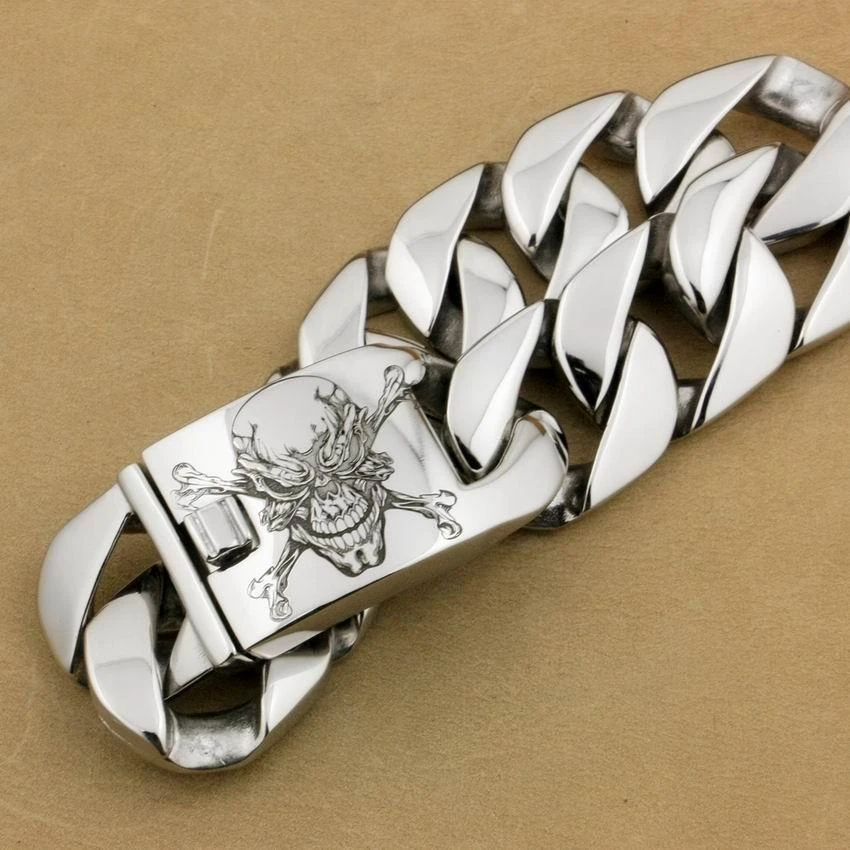 Men's 316L Stainless Steel Handmade Pirate Link Bracelet, 1" Wide, 0.3" Thick, Silver Tone 4 Men's 316L Stainless Steel Handmade Pirate Link Bracelet, 1" Wide, 0.3" Thick, Silver Tone - Image 4