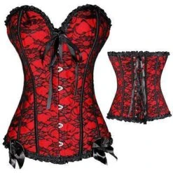 Sexy Red Corset W/Black Lace Overlay, Plastic Boned