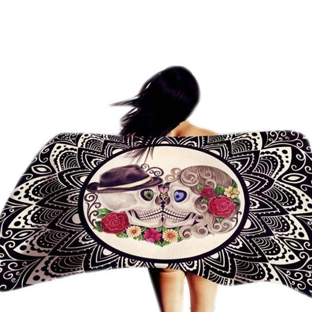 Stanley Beach Mandala Skull Shawl, Polyester, 59 X 39.4 In, Black With Skull & Roses Print 2 Stanley Beach Mandala Skull Shawl, Polyester, 59 X 39.4 In, Black With Skull & Roses Print - Image 2