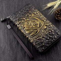 Handmade Grim Reaper Wallet Purse, Eco Leather, 8 X 4.3 In, Brown/Gold