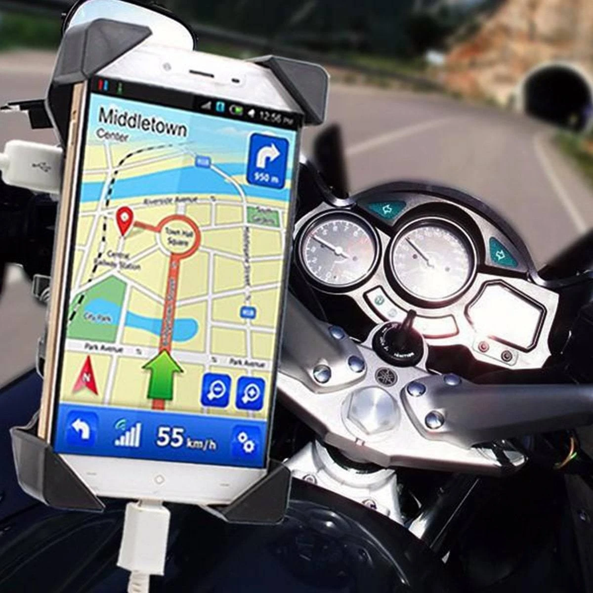 Motorcycle Phone Mount Holder With USB Charger Port, 3.5-7" Screen Fit, Universal For 7/8" Handlebar 1 Motorcycle Phone Mount Holder With USB Charger Port, 3.5-7" Screen Fit, Universal For 7/8" Handlebar