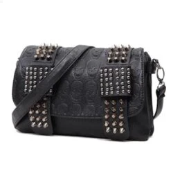 Vintage Skull Studded Rivet Shoulder Bag W/ Free Skull Wallet, Eco-Leather, Black -Gearup Co. Store american legend rider default title vintage skull shoulder bag free skull purse motorcycle biker 25090229126