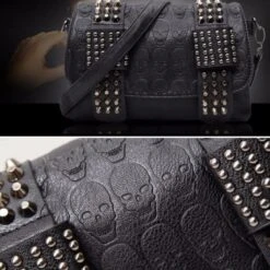 Vintage Skull Studded Rivet Shoulder Bag W/ Free Skull Wallet, Eco-Leather, Black