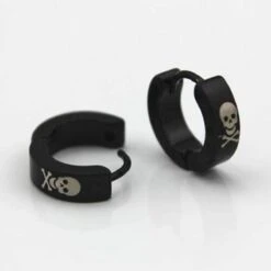 Metal Hoop Earrings W/Skulls & Crossbones, 1.9 X 0.6 In, Black/White -Gearup Co. Store american legend rider earrings default title black skull hoop earrings motorcycle biker 3717006491717