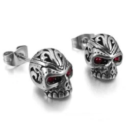Red Eye Skull Stud Earrings For Men & Women, Stainless Steel/Crystal, 0.4 X 0.3 In