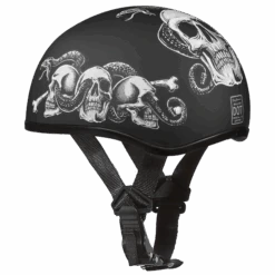 Daytona D.O.T. Motorcycle Skull Cap Half Helmet W/ Snake Skulls, Black/White