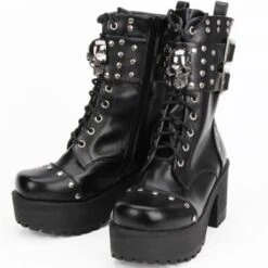 Heeled Gothic Skull Lace-Up Boots W/ Rivets, PU Leather, Black