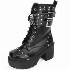 Heeled Gothic Skull Lace-Up Boots W/ Rivets, PU Leather, Black -Gearup Co. Store american legend rider mid calf boots 5 5 black heeled gothic skull boots motorcycle biker 4400716021829
