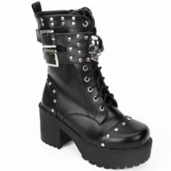 Heeled Gothic Skull Lace-Up Boots W/ Rivets, PU Leather, Black -Gearup Co. Store american legend rider mid calf boots 5 5 black heeled gothic skull boots motorcycle biker 4400716054597