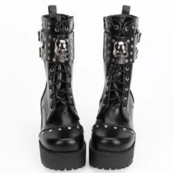 Heeled Gothic Skull Lace-Up Boots W/ Rivets, PU Leather, Black -Gearup Co. Store american legend rider mid calf boots 5 5 black heeled gothic skull boots motorcycle biker 4400716152901