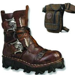 Handmade Skull Leather Boots + Free Leg Bag Bundle