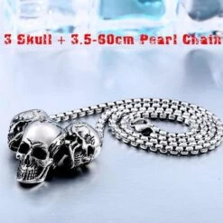 Stainless Steel Rock Punk 3 Skulls Pendant Necklace -Gearup Co. Store american legend rider necklace 3 skull w pearl chain super punk skull necklace motorcycle biker 3598298054725