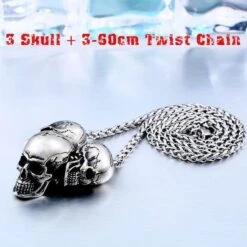 Stainless Steel Rock Punk 3 Skulls Pendant Necklace -Gearup Co. Store american legend rider necklace 3 skull w twist chain super punk skull necklace motorcycle biker 3598298087493
