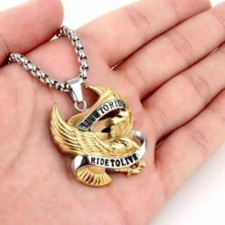 Bikers Live To Ride, Ride To Live Necklace, Eagle Pendant W/ Stainless Steel 20 In Box Chain -Gearup Co. Store american legend rider necklace premium gold silver live to ride ride to live necklace motorcycle biker 3716993613893