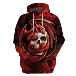 3D Dragon & Skull Hoodie, Polyester/Spandex, Red/Black