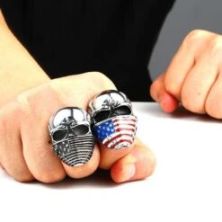 Stainless Steel Men's American Flag Skull Ring, Silver Color -Gearup Co. Store american legend rider rings 7 multi colour american flag ring motorcycle biker 24616092806