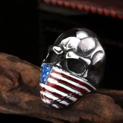 Stainless Steel Men's American Flag Skull Ring, Silver Color -Gearup Co. Store american legend rider rings 7 multi colour american flag ring motorcycle biker 24616366342