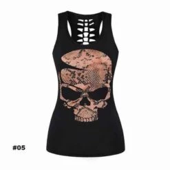 Women's Skull Tank Top, Polyester/Spandex, Black With Human Skull Print -Gearup Co. Store american legend rider shirts tops s m 05 limited edition sugar skull tank motorcycle biker 27060969813