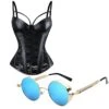 Women's Floral Lace & PU Leather Corset With Rebel Sunglasses Bundle