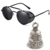 Bikers Retro Round Steampunk Sunglasses With Guardian Bell Bundle