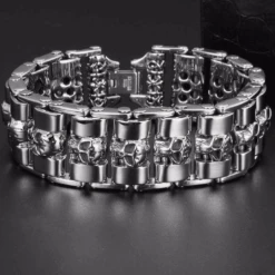 Stainless Steel Fashion Wide Skull Bracelet, 8.3 X 0.9 In