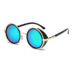 Motorcycle Vintage Round Sunglasses W/ UV 400 Protection, Golden/Green