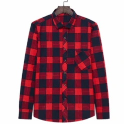 Men's Plaid Button Down Flannel Shirt, Red/Black Checkered